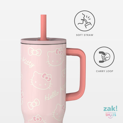 Vaso de viaje Zak Designs Sanrio Sutton para llevar, 30 oz, acero inoxidable con aislamiento al vacío, pajita de silicona y asa de transporte para bebidas frías (Hello Kitty)