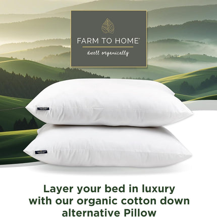 Farm To Home 100% Organic Cotton Bed Pillows Queen Size Set of 2 - Down Alternative Hotel Quality White Bedding for Back and Side Sleepers,20"x28"