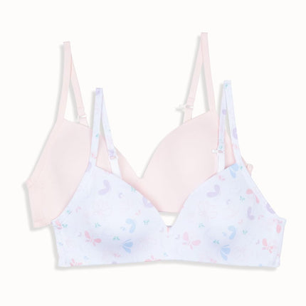 Hanes Girls' Molded Wirefree Bra 2 Pack, Buttterfly Toss/Light Buff, 38A