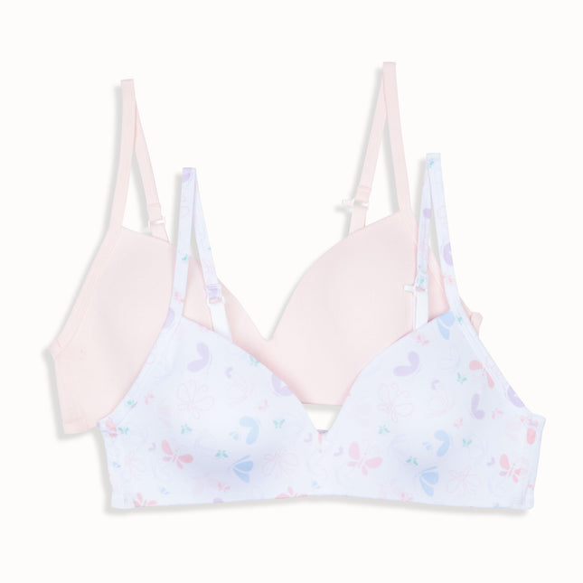 Hanes Girls' Molded Wirefree Bra 2 Pack, Buttterfl