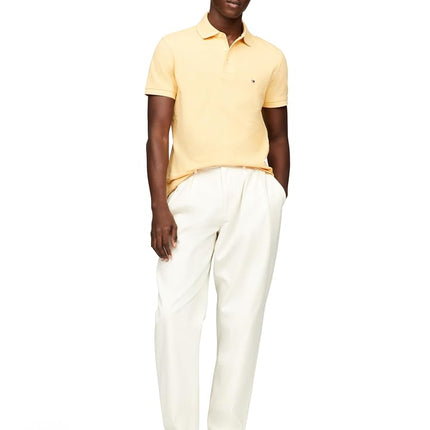 Tommy Hilfiger Men's Short Sleeve Polo Shirts in Slim Fit with Stretch and Organic Pique Cotton, Light Yellow Heather, XXL