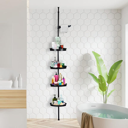 Takywep Étagère d'angle de douche à tension, Organisateur de rangement de salle de bain antirouille avec 4 étagères réglables, Étagère d'angle de douche avec patin en caoutchouc, Hauteur 101,6 cm - 122 cm, Noir