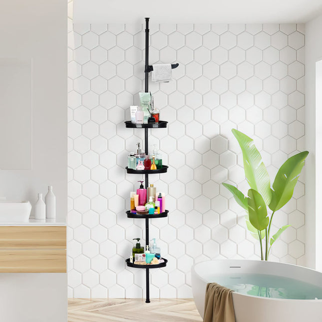 Takywep Corner Shower Caddy Tension Pole, Rust-Proof Bathroom Storage Organizer With 4-Tier Adjustable Shelves, Corner Shower Shelf With Rubber Pad, 101.6 Inch-122 Inch Height, Black