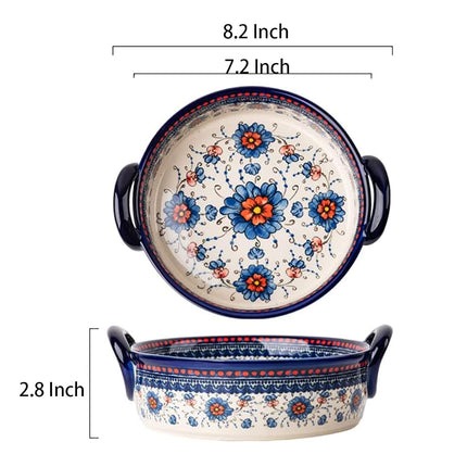 Bicuzat Blue and Orange Flower Vintage Style Ceramic Bakeware Casserole Lasagna Pans Baking Dish with Handles for Oven/Cooking/Kitchen-1 PCS-32 OZ