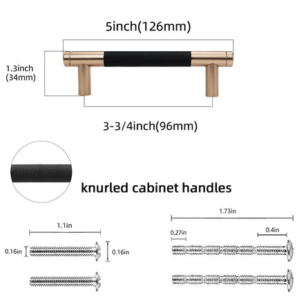 POVEFONK 10 Pack Black & Champagne Copper Knurled Cabinet Pulls - 3-3/4 inch(96mm) Drawer Handles