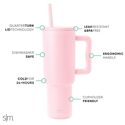 Simple Modern 40 oz Tumbler with Handle and Straw Lid | Insulated Cup Reusable Stainless Steel Water Bottle Travel Mug Cupholder Friendly | Gifts for Women Men Him Her | Trek Collection | Blush