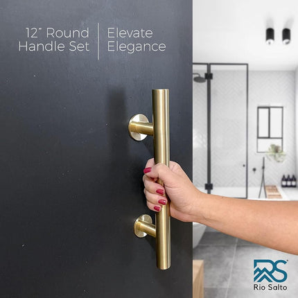 Rio Salto 12-Inch Brushed Brass Gold Barn Door Handle Kit, Closet Door Handle Stainless Steel, Pull Handle and Flush Handle Set, Heavy Duty Large Sliding Door Handles Hardware Included (1-Door Pack)