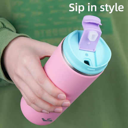 Konokyo Tumbler with Lid, 16 oz Travel Coffee Mug Double Wall Vacuum Stainless Steel Thermal Metal Cup Insulated Water Bottle,Pink