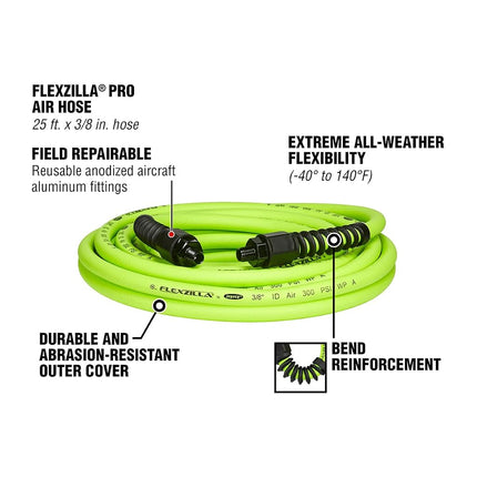 Flexzilla HFZP3825YW2 Pro Air Hose, 3/8" x 25', 1/4" MNPT Fittings (inches) (feet)