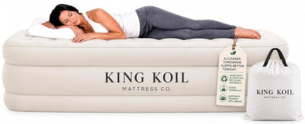 King Koil Luxury Air Mattress 20in Full Size Beige with Built-in Pump for Home, Camping & Guests-Inflatable Airbed Luxury Double High Adjustable Blow Up Mattress, Durable - Portable and Waterproof