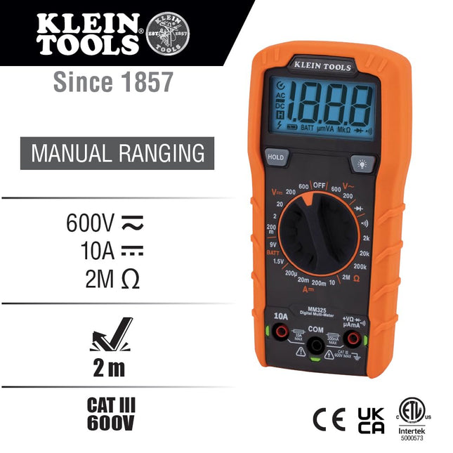 Klein Tools MM325 Multimeter, Digital Manual-Ranging 600V AC/DC Voltage Tester, Tests Batteries, Current, Resistance, Diodes, and Continuity,Black