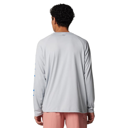 Columbia Men's Terminal Tackle Long Sleeve Fishing Shirt, Cool Grey/Vivid Blue Logo, Large