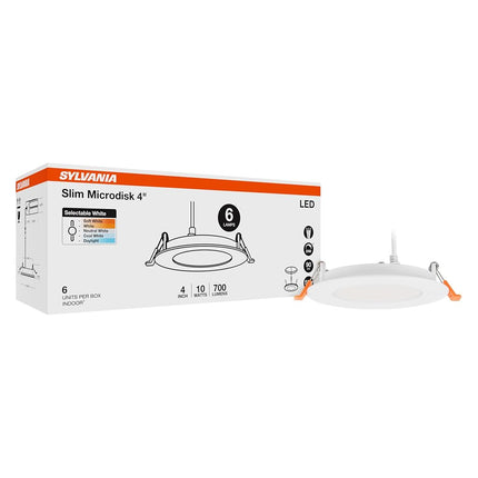SYLVANIA 4" Slim Microdisk Downlight, 10W, 5 CCT Select (2700K - 5000K), 700 LMS, 90 CRI, Dimmable, Wet-Rated, White - 6 Pack (61189)
