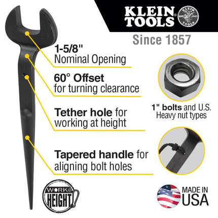 Klein Tools 3214TT Construction Spud Wrench with Tether Hole, 1-1/4-Inch Nominal Opening, 3/4-Inch Bolt for US Heavy Nut