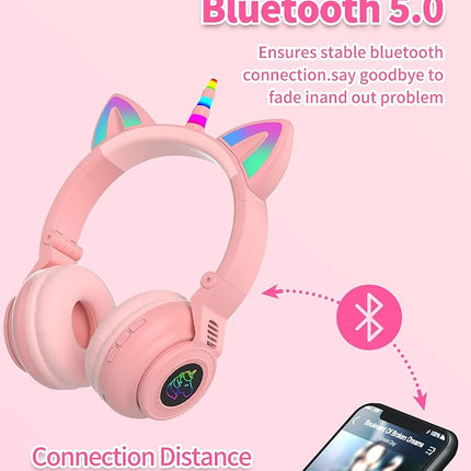 Unicorn Kids Headphones,Unicorn Bluetooth Headphones Foldable for Girls Boys Toddlers Phones pad/Amazon fire/Tablet,Light Up Kids Wireless Headphone Birthday Gifts (Pink)