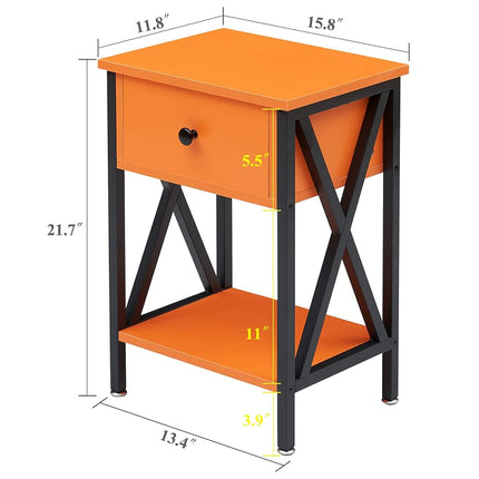 VECELO Nightstands Set of 2, Modern Bedside End Tables, Night Stands with Drawer and Storage Shelf for Living Room Bedroom, Industrial Metal Frame, Orange