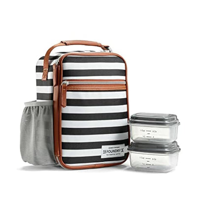 Foundry by Fit + Fresh, Thayer Insulated Lunch Bag with 2 Food Containers, Reusable Lunch Box, Mini Cooler Bag, Perfect for Work, College, Picnics, Black Stripe