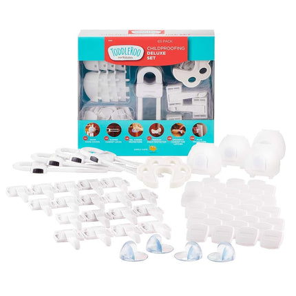 Toddleroo by North States - Childproofing Deluxe Kit: 4 Knob Covers, 4 Sliding Cabinet Locks, 4 Gel Corner Protectors, 1 Door Pinch Guard, 18 Drawer Locks, 34 Plug Protectors - 65 Piece Set - White