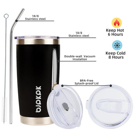 BJPKPK Black Insulated Tumbler with Lid and Straw 20 oz Stainless Steel Coffee Tumblers Cup