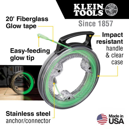 Klein Tools 50550 Guía pasacables que brilla en la oscuridad de 20 pies (6,1 m), fibra de vidrio con punta de nailon y conector de acero inoxidable para varillas jalacables
