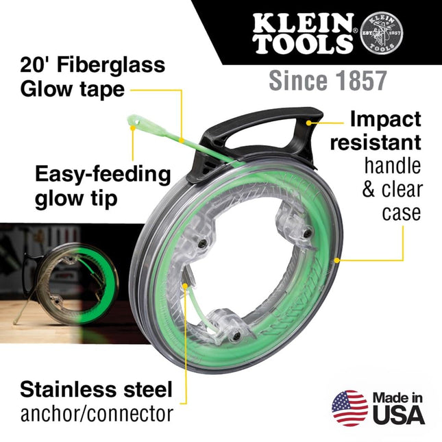 Klein Tools 50550 20-Foot Glow In The Dark Fish Tape, Fiberglass with Nylon Tip and Stainless-Steel Connector for Fish Rod Attachments
