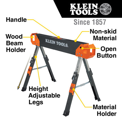 Klein Tools 66188 Folding Saw Horse, 2x4 Support Arms, 26-Inch to 32-Inch Adjustable Height, Heavy Duty Jobsite Table, 1-Pack