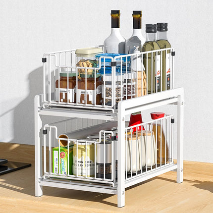 Pull-Out Sliding Drawer Cabinet Organizer, Slide-Out Stackable Under Sink Cabinet Organizer 2-Tier Storage Shelf, Multipurpose for Kitchen, Bathroom