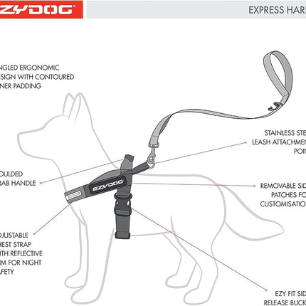 EzyDog Express Harness - Comfortable Dog Harness for Small, Medium and Large Dogs, Easy to Fit, Padded, Reflective (XL, Black)