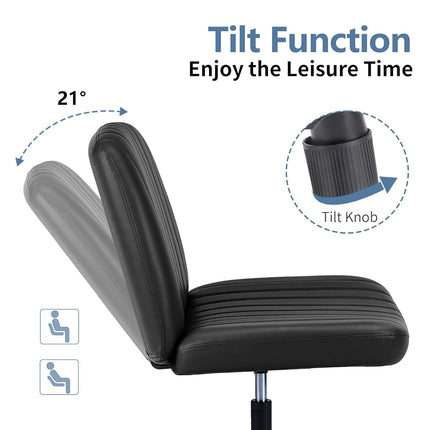 DUMOS Desk Chair No Wheels, Criss Cross Chair Wide Cross Legged Office Desk Vanity Chair, PU Leather Armless Adjustable Swivel Chairs for Home Computer Task Black