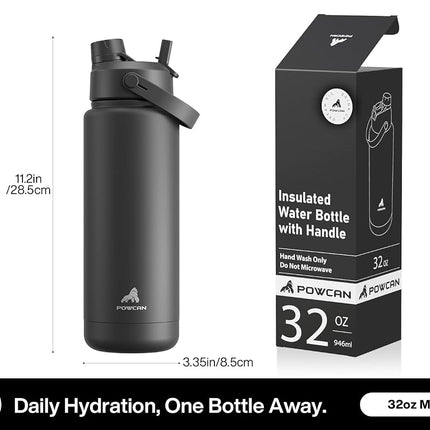 POWCAN 946 ml Insulated Water Bottle, 2-in-1 Straw & Spout Lid, Leakproof, BPA-Free, Double Wall Stainless Steel, Keeps Cold 24H, for Gym, Travel (Dark Knight)