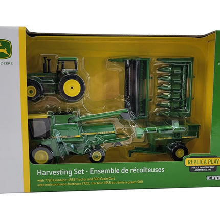 John Deere 1/64 Scale 5 pc Harvesting Set 4555 Tractor, 7720 Combine w/2 Heads, 500 Grain Cart
