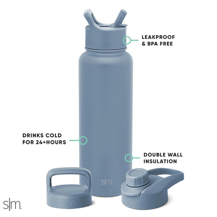 Simple Modern Water Bottle with Straw, Handle, and Chug Lid Vacuum Insulated Stainless Steel Metal Thermos Bottles | Large Leak Proof BPA-Free Sports Flask | Summit Collection | 40oz, Blue Dune