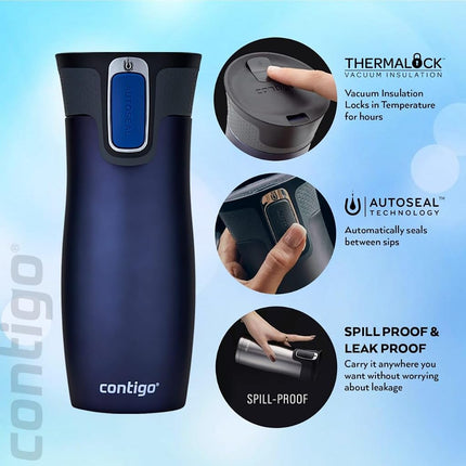 Contigo West Loop Autoseal Travel Mug, Stainless Steel Thermal Mug, Vacuum Flask, Leakproof Tumbler, Coffee Mug with BPA Easy-Clean Lid, 470 ml, Monaco