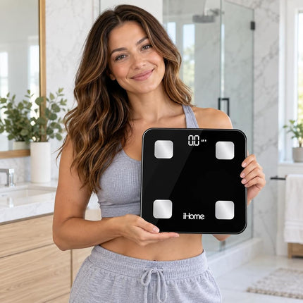 iHome Digital Bluetooth Smart Scale for Body Weight, Weight Scale with 14 Indicators, Including BMI, Body Fat, Muscle Mass, Batteries Included (Black Smart Bluetooth)