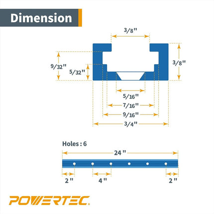 POWERTEC 71065 24 Inch Double-Cut Profile Universal T-Track with Predrilled Mounting Holes, 1PK, Aluminum T Track for Woodworking Jigs and Fixtures, Drill Press Table, Router Table, Workbench