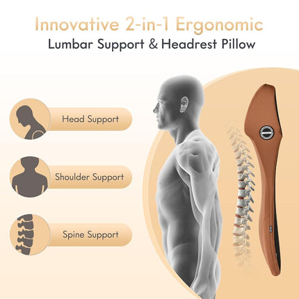 FLORICH Car Seat Lumbar Support with Headrest Pillow Memory Foam Car Lumbar Pillow Back Support Cushion 2-in-1 Ergonomic Back Rest Pillow & Car Neck Pillow for Driving Tailbone Pain Relief, Brown