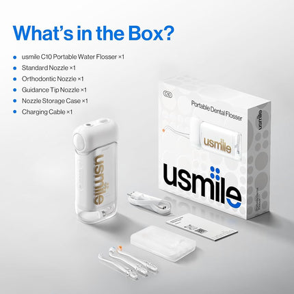 usmile C10 Portable Water Flosser – Travel-Friendly, 95-Day Battery, 4 Modes, 360° Nozzle, 180ml Tank, IPX7 Waterproof, Dentist-Recommended for Braces, Implants & Sensitive Gums (White)