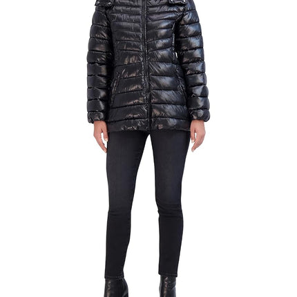Cole Haan Women's Pearlized Faux Down Jacket with Removable Hood, Black, S