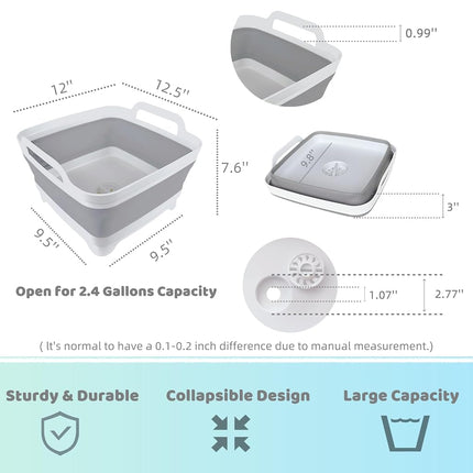 GIMWA 2.4Gal Collapsible Dish Basin with Drain Plug, Baby Bottle Wash Basin