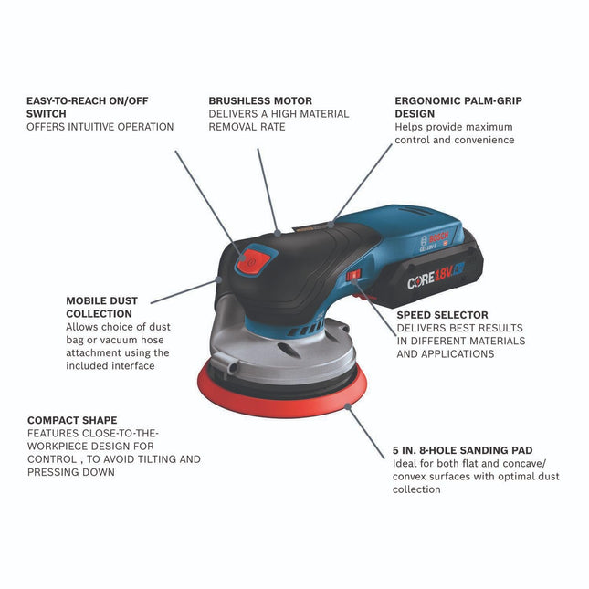 BOSCH GEX18V-5B15 18V Brushless 5 in. Random Orbit Sander Kit with (1) CORE18V 4 Ah Advanced Power Battery