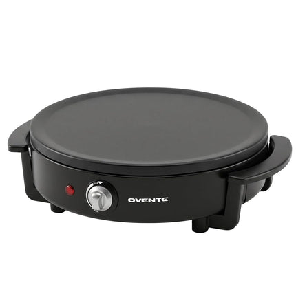 OVENTE Crepera y Plancha Eléctrica de 12 Pulgadas – Placa Caliente Antiadherente con Temperatura Ajustable, Indicador LED, Esparcidor de Masa y Espátula, Negro CRM1122B