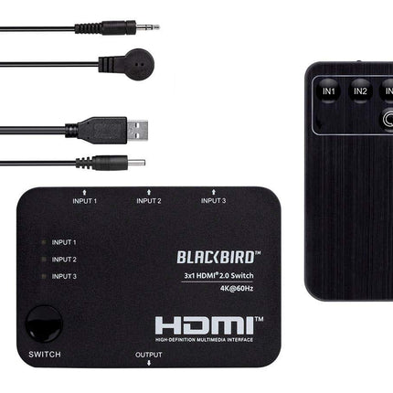 Conmutador HDMI 2.0 Delgado Monoprice Blackbird 4K 3x1 - Negro | 4k a 60Hz, compatible con HDCP 2.2, HDR, compatible con Dolby TrueHD y control remoto IR