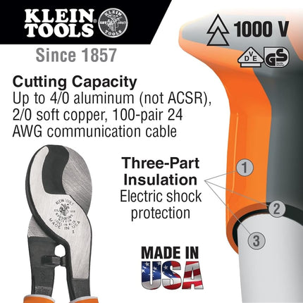 Klein Tools Klein 63050EINs Electrician's Insulated High-Leverage Cable Cutter, Multi-Colour