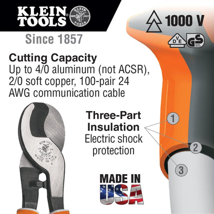 Klein Tools Klein 63050EINs Electrician's Insulated High-Leverage Cable Cutter, Multi-Colour