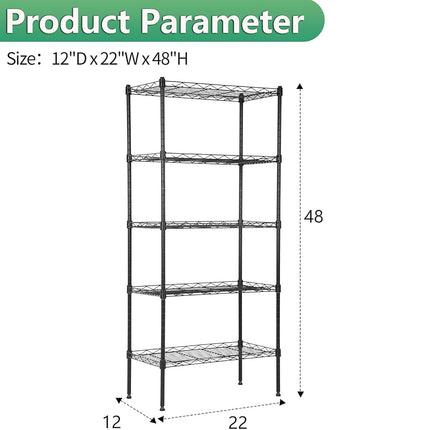 BestOffice | 5-Tier Wire Storage Shelves | 22x12x48 | Black | with Adjustable Racks | Heavy-Duty Metal Shelf, Holds Upto 750 lbs | No-Tool Assembly | Ideal for Home & Garage Shelving