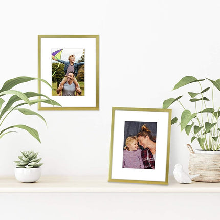 Americanflat 8x10 Photo Frame in Gold - Use as Thin Border 7x5 Photo Frame with Mount or 8x10 Frame without Mount - Picture Frame with Shatter-Resistant Glass and Easel for Wall and Tabletop Display