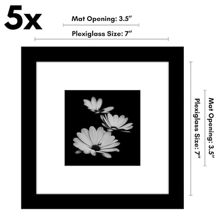 Americanflat 7x7 Picture Frame in Black - Set of 5 - Use as 4x4 Frame with Mat or 7x7 Frame Without Mat - Gallery Wall Frame Set with Plexiglass, Hanging Hardware, and Easel for Wall and Tabletop