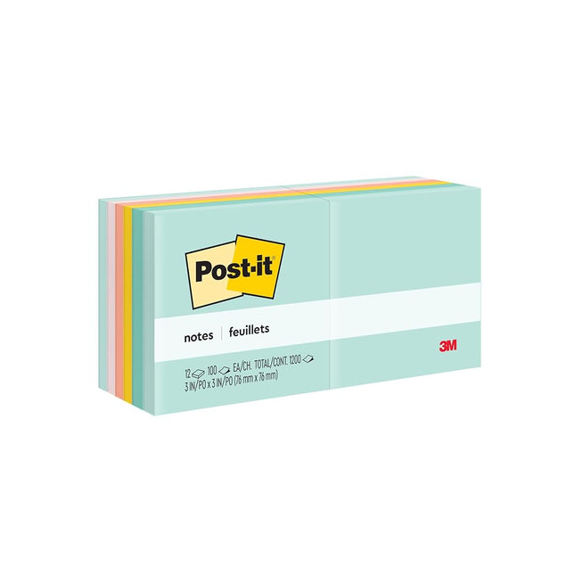 Post-it Notes, 3 in x 3 in, 12 Sticky Note Pads, 100 Sheets per Pad, Beachside Café Collection, School Supplies and Office Products