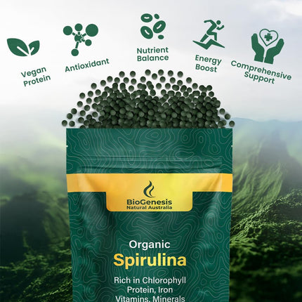 BioGenesis Organic Spirulina Mini Tablets – 300 Count | Australian Grown Blue-Green Algae | Rich in Phycocyanin, Chlorophyll & B Vitamins | Supports Daily Energy, Detox & Immunity | Vegan
