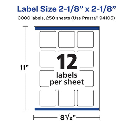 Avery Matte White Square Labels with Sure Feed, 2-1/8" x 2-1/8", 3,000 Matte White Printable Labels